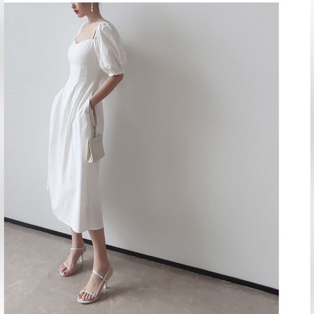 White Puff Sleeve Midi Dress with Square Neckline